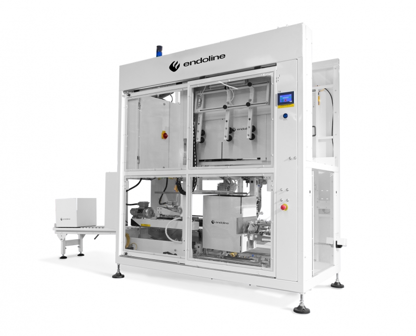 Automated packaging machine with transparent casing.